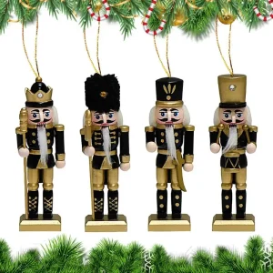 4 Wooden Black Gold Soldier Nutcracker Christmas Ornaments