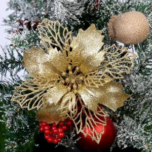 5pcs Artificial Flowers Glitter Poinsettia Christmas Ornaments