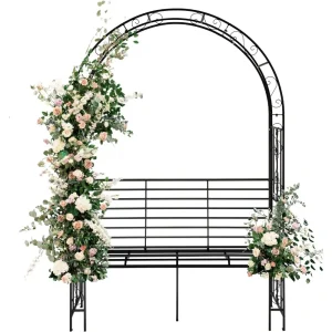 7FT Heavy Duty Metal Garden Trellis Archway Arbor with Seating